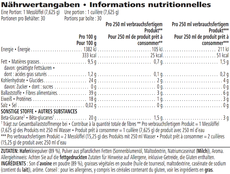 Beta heart® Vanilla 229 g — nutrition information