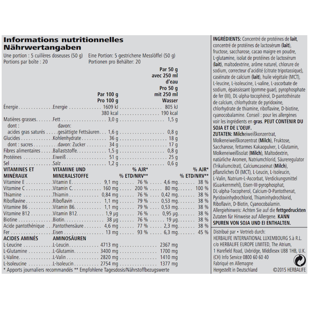 Herbalife24® Rebuild Strength Chocolate 1000 g sachet — nutrition information